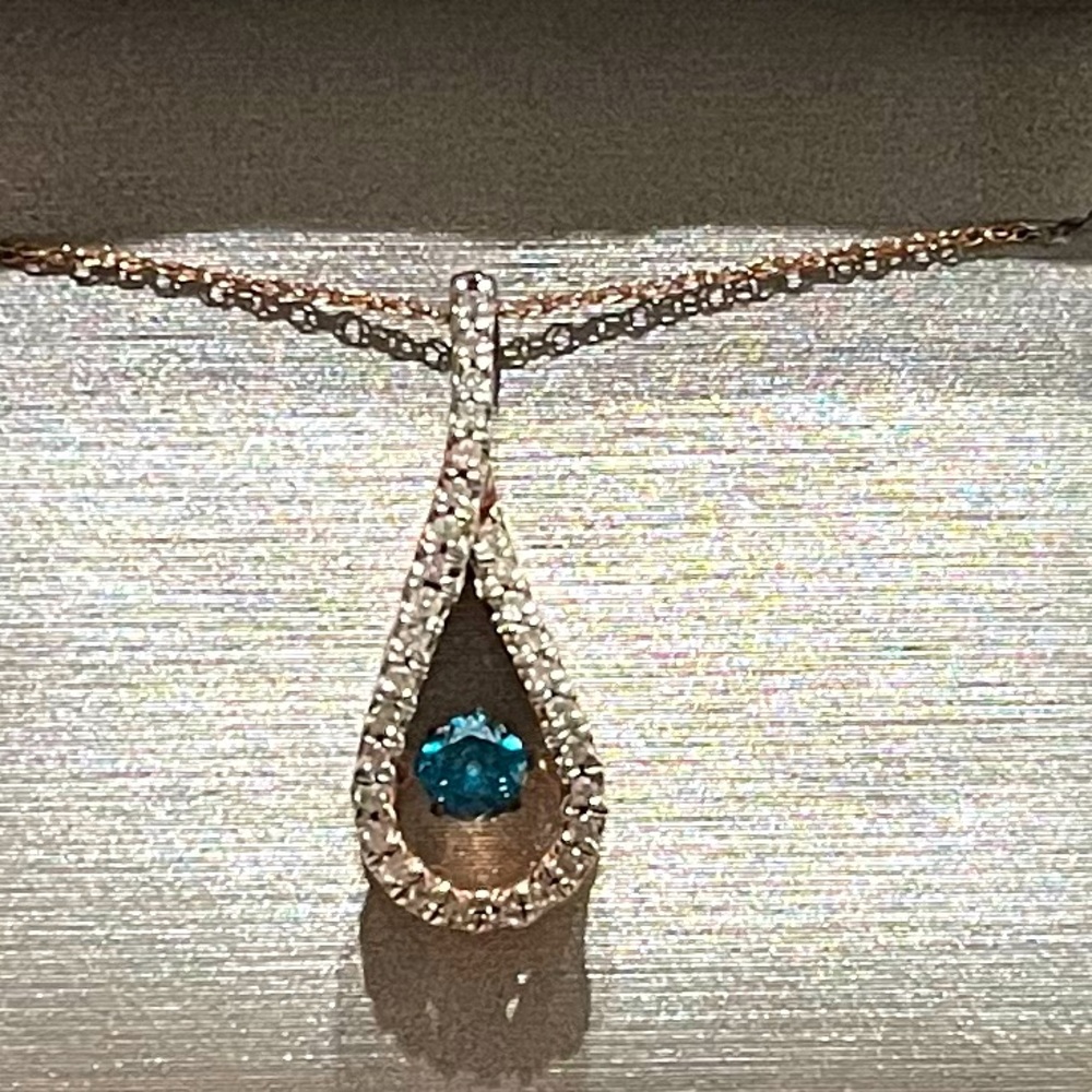 14kt rose gold blue and white diamond necklace